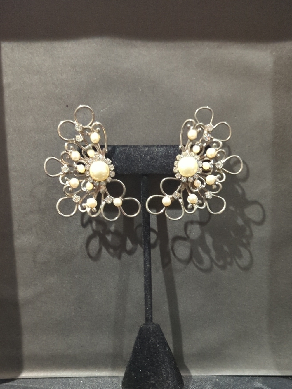 Pearl and Crystal Floral Statement Earrings - Cream